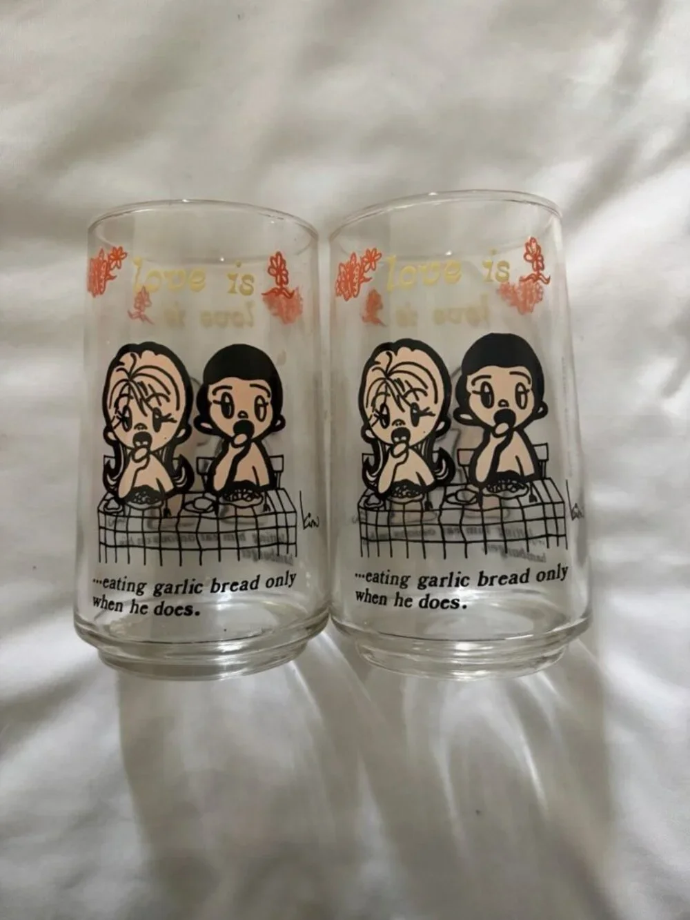 Vintage Anchor Hocking 1976 Kim Casali LA Times Love Is 8 Pc Set 12oz Glass Cups